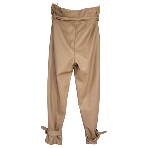 Lucy Paris S Faux Leather Tan Paperbag Pants Tie Waist Ankle Wrap Chic Neutral - Picture 7 of 13